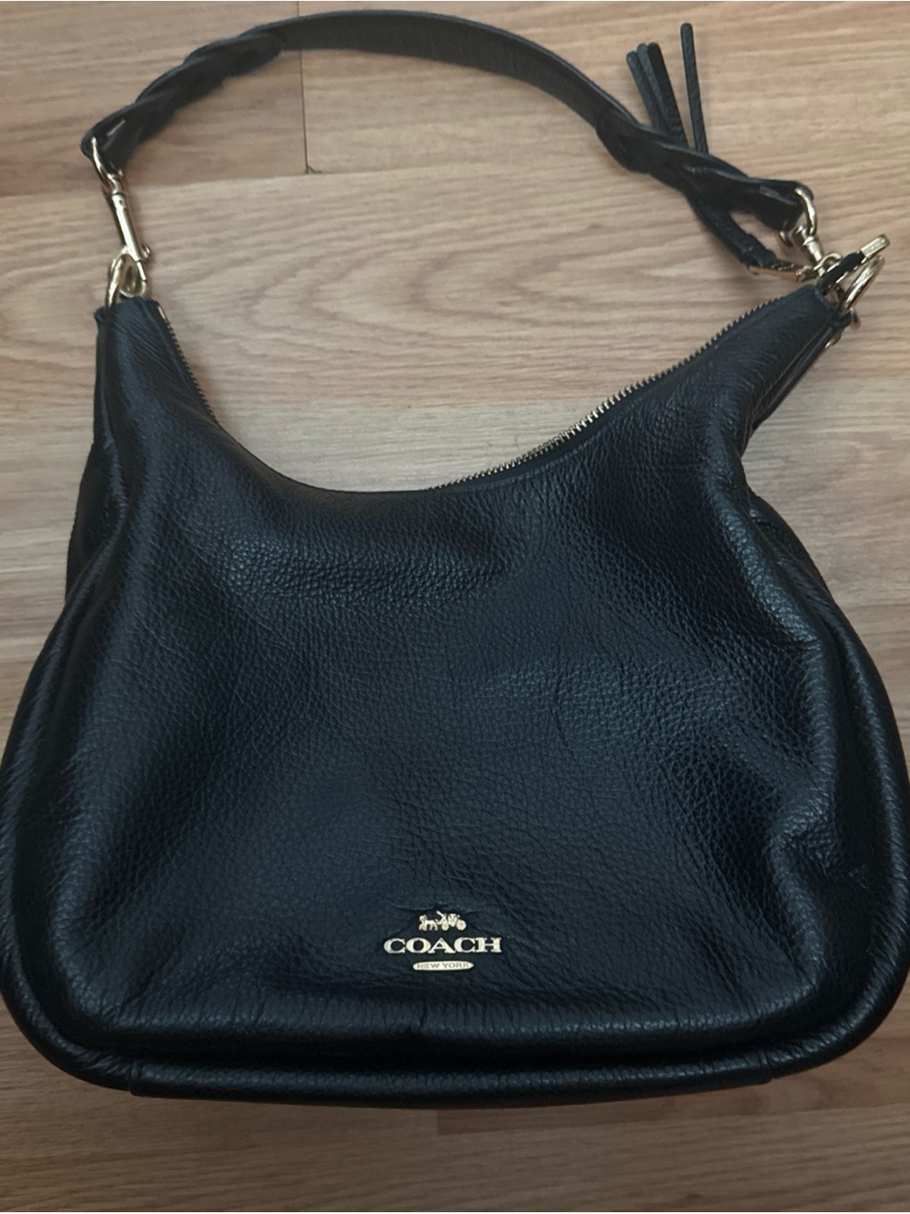 Coach Black Pebbled Leather Shoulder Bag with Gold Hardware Braided Strap